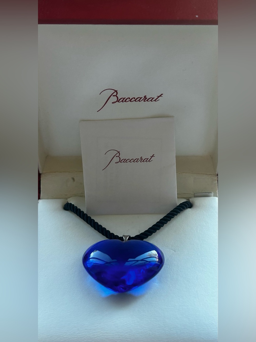 Baccarat Cobalt Blue Heart Glass Pendant on Black Cord